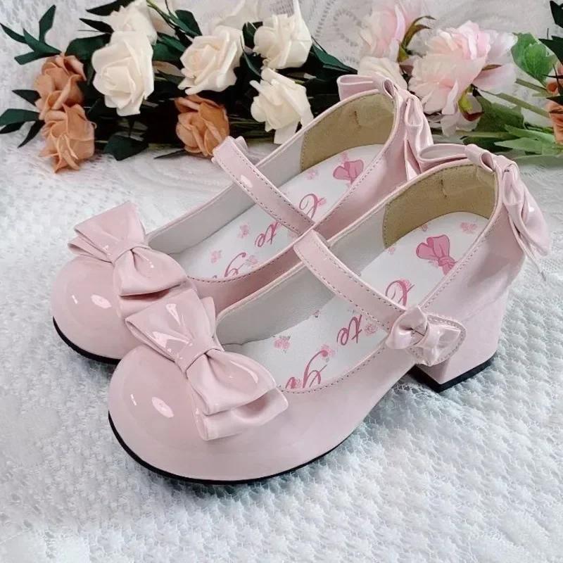 Leather Shoes for Women 2025 New Cute Round Head Single Shoe Fashion Bow Sweet Middle Heel Shallow Mouth Single Shoe