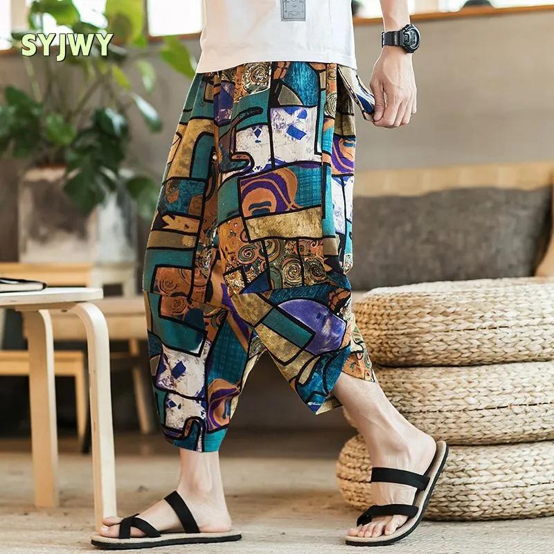Cotton And Linen Pants Summer Beach Cropped Pants Men's Loose Large Size Bloomers Ethnic Floral Pants