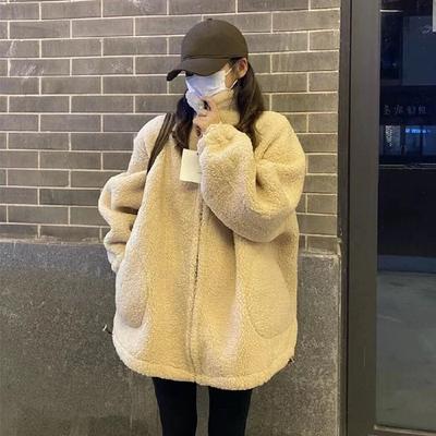Women's Solid Color Loose Baseball Uniform Long Sleeved Thick Imitation Lamb Wool Jacket