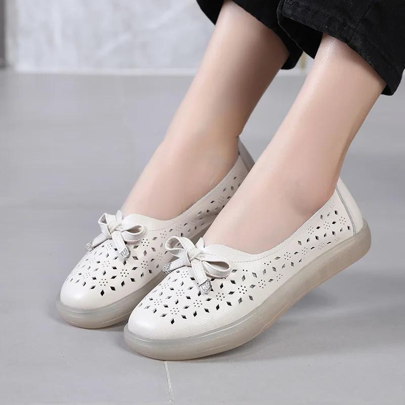 Fashion Genuine Leather Shoes Hollow Out Women Ballet Flats Summer Women's Solid Soft Bottom Shoes Woman Slip on Loafers