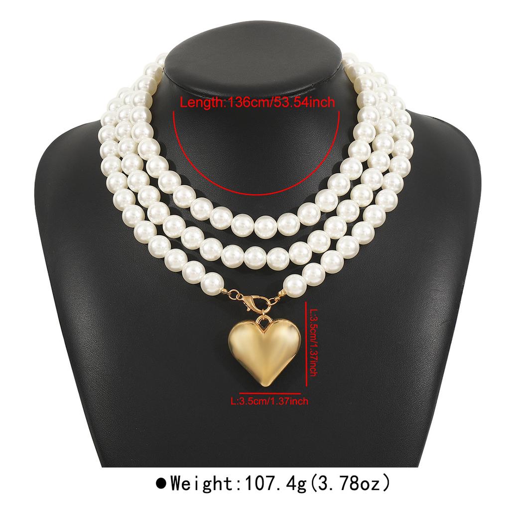 Women European Simple Creative Pearl Sweater Necklace Fashion Popular Heart Shape Multi-Layer Layered Necklace For Women