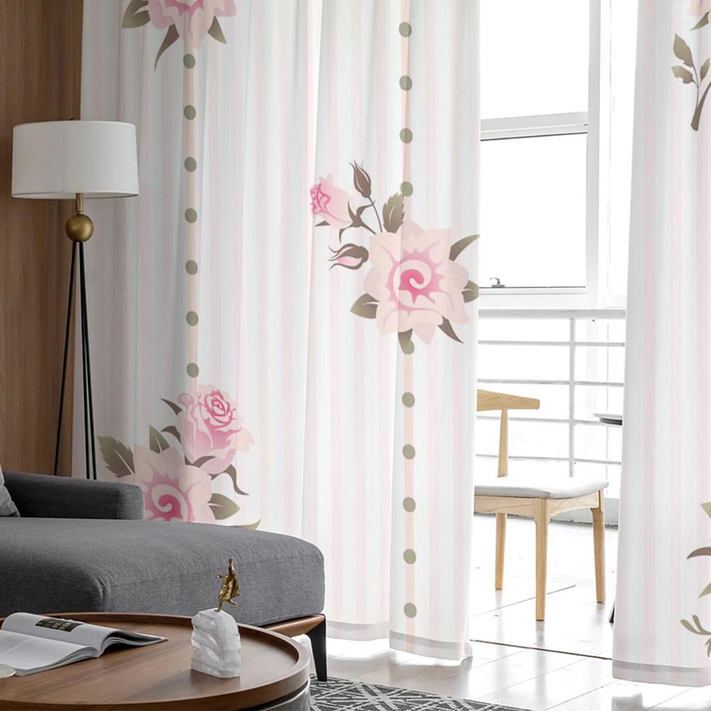 Flower Leaves Red Stripes Plant Round Tulle Curtain for Living Room Kitchen Bedroom Sheer Tulle for Cafe Hotel Modern Home Decor