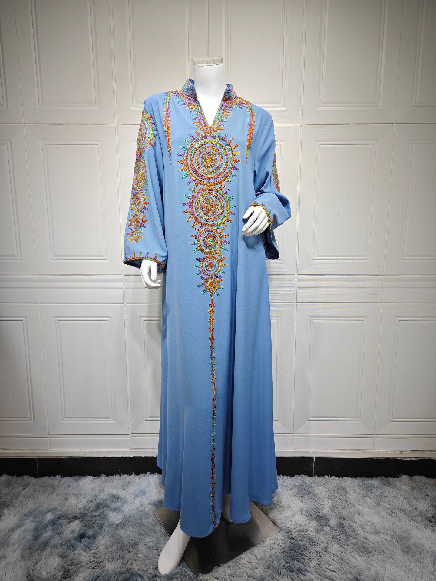 

AB431 Вышитое длинное платье-халат в ближневосточном стиле - Мусульманское платье джалабия из Дубая S небесно-голубой
