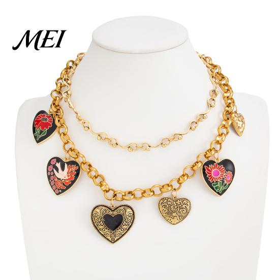 Oxidization Resistant Necklace Floral Heart Charms Necklace, Double Layer Vintage Chain Choker Oval Faux Delicate Jewelry Diamond Ring, Enamel