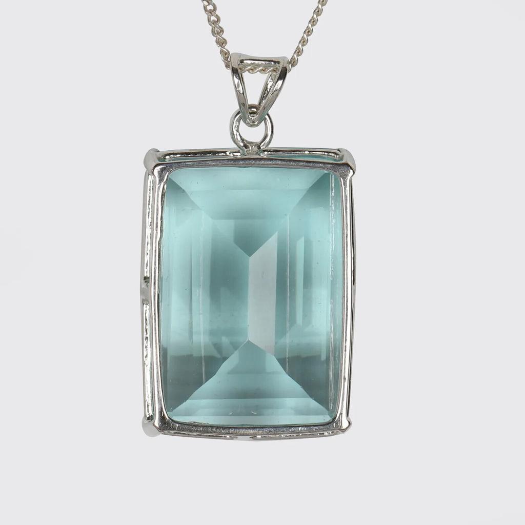 12ct Large Blue Aquamarine Gemstone 925 Sterling Silver Emerald Cut Pendant For Men And Women