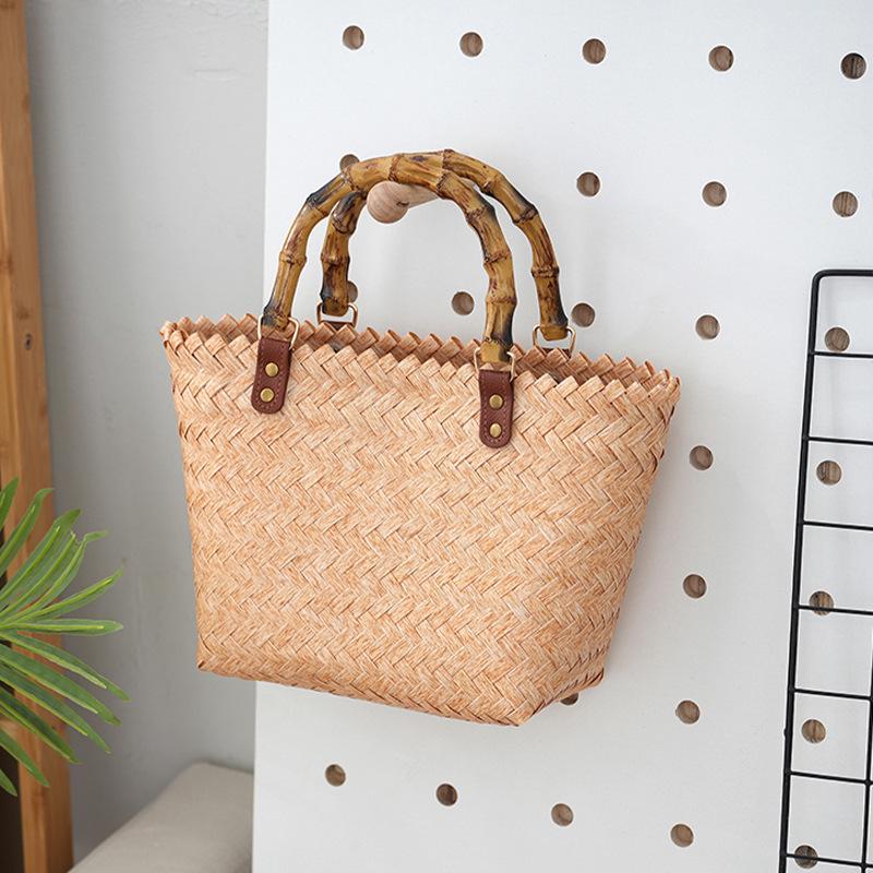 Women's Bamboo Handle Woven Beach Tote Bag