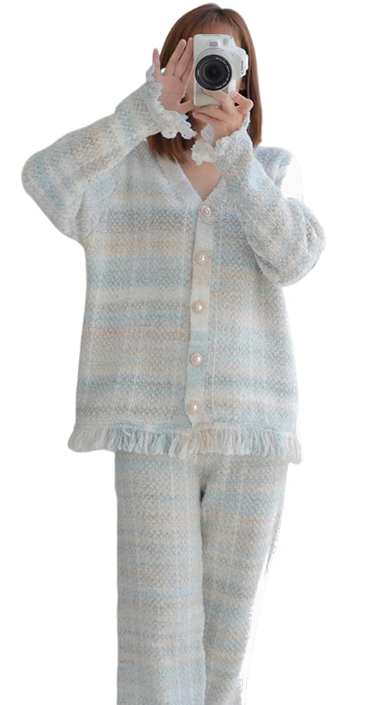RAVIR Winter Fluffy and Cute Pajama Set and Pearl Soft and One Size Fits All Women's Loungewear, (Top Bottoms), Buttons, Fringe, Comfortable, White,