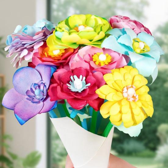 1 Set DIY Watercolor Flower Art Kit Handcrafted Coloring Paper Flower Kit Educational Kids Florist DIY Colorful Flower Bouquet Projects Crafts Set