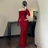 European and American Royal Sister Style Sexy off-Shoulder Mesh Hollow out Long sleeve dress Women Slim fit Hollow out Temperament Black Long dress