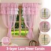 2pc Solid Colour 3-layer Lace Sheer Curain, Lace Curtains for Living Room, Bedroom, Home Decor, Window Screen Rod Pocket