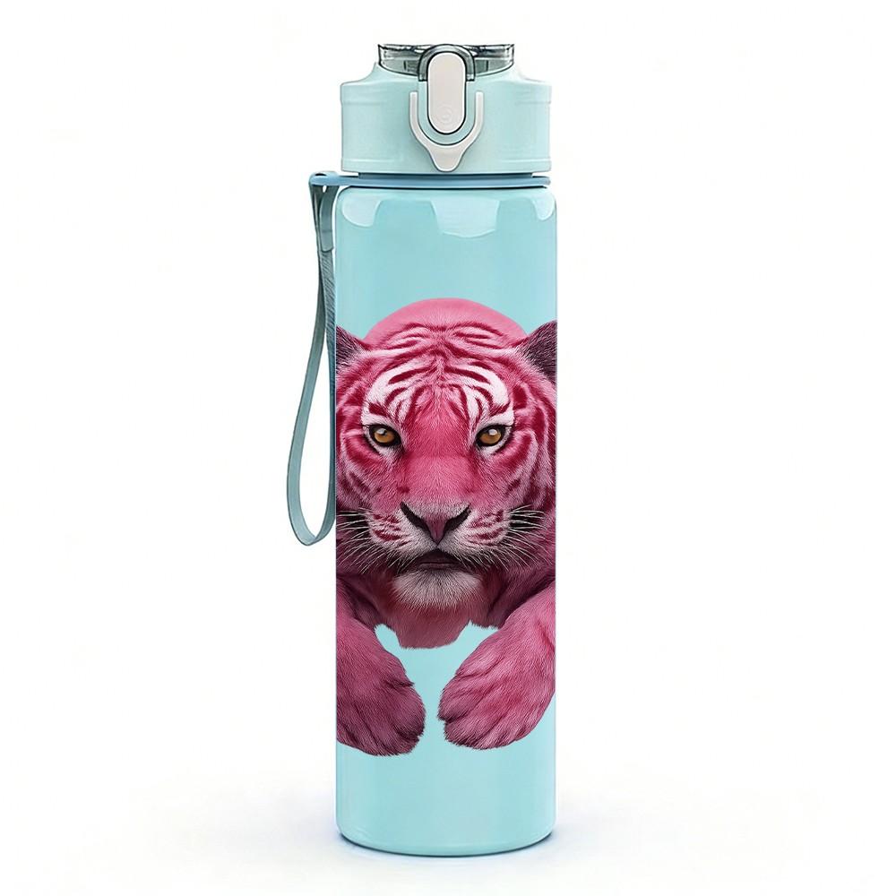 1PC Pink Panther Wild Cat Animal Pattern 750ml Color Plastic Sports Water Bottle Leakproof Flip Straw Lid Suitable for Sports Office Home Use