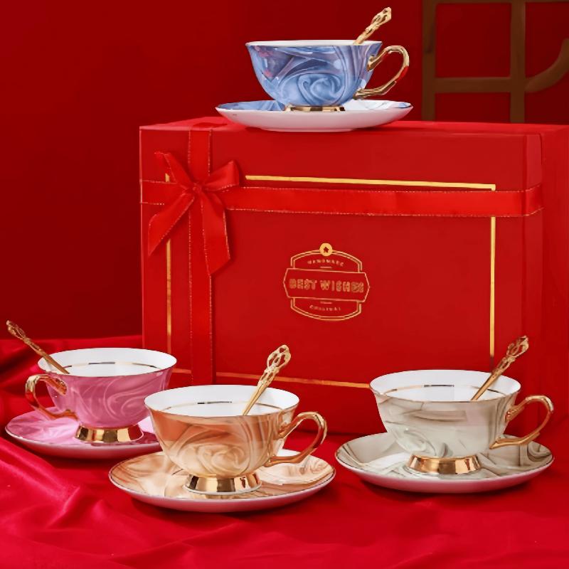 Exquisite Souvenir Bone China Coffee Cup Saucer Set Creative Water CupTea Cup European Style High-Value Tea Cup Tea Set Gift box