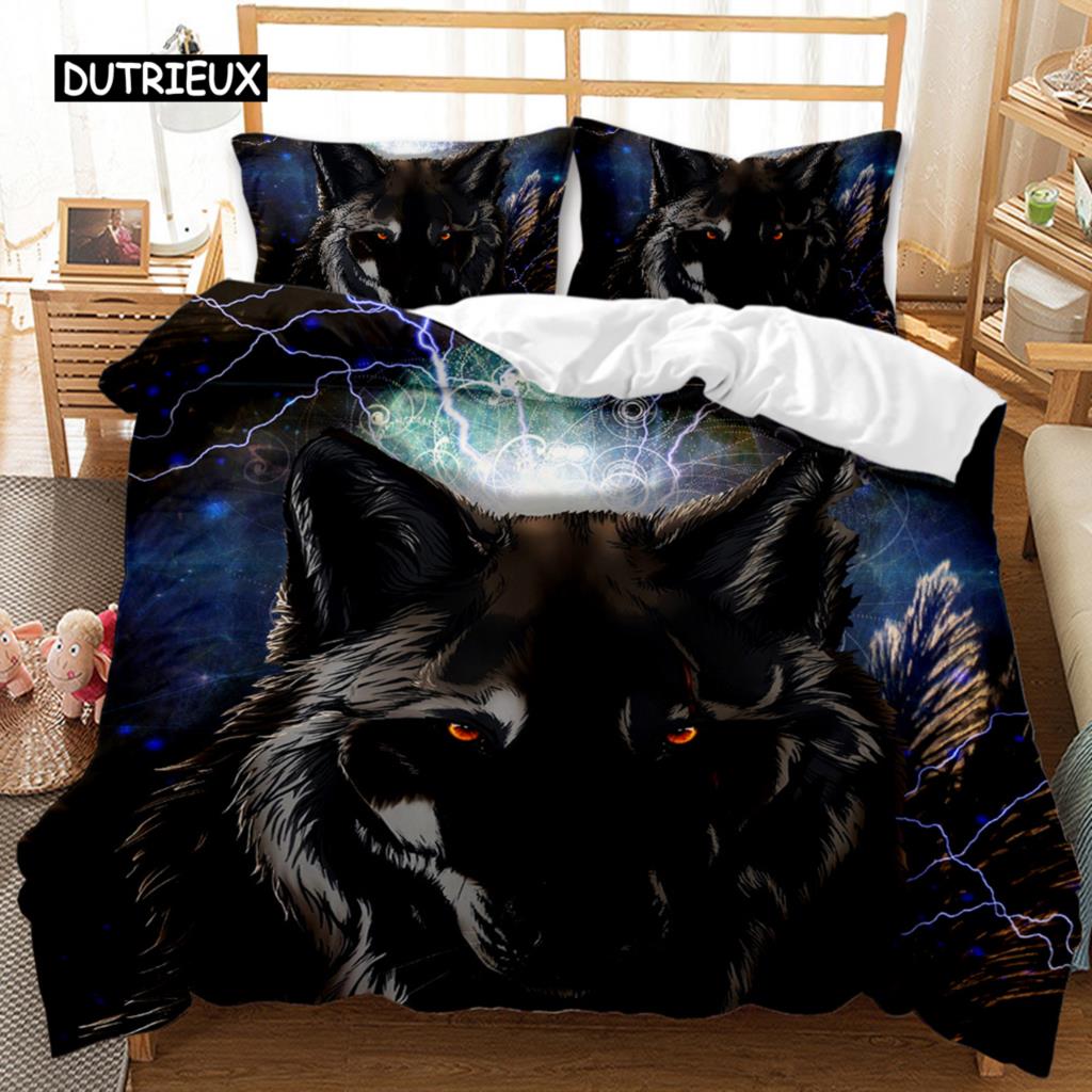 Wolf Bettbezug Set Tiermuster Bettwäsche Set Cooles Wildleben Bettdeckenbezug Kinder Glitzer Blau Wilder Wolf Polyester Quiltbezug