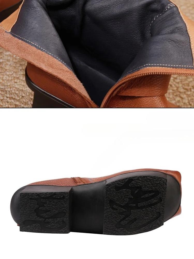 Johnature Cowhide Women's Short Boots Genuine Leather Versatile Mid Heel Square Toe Boots