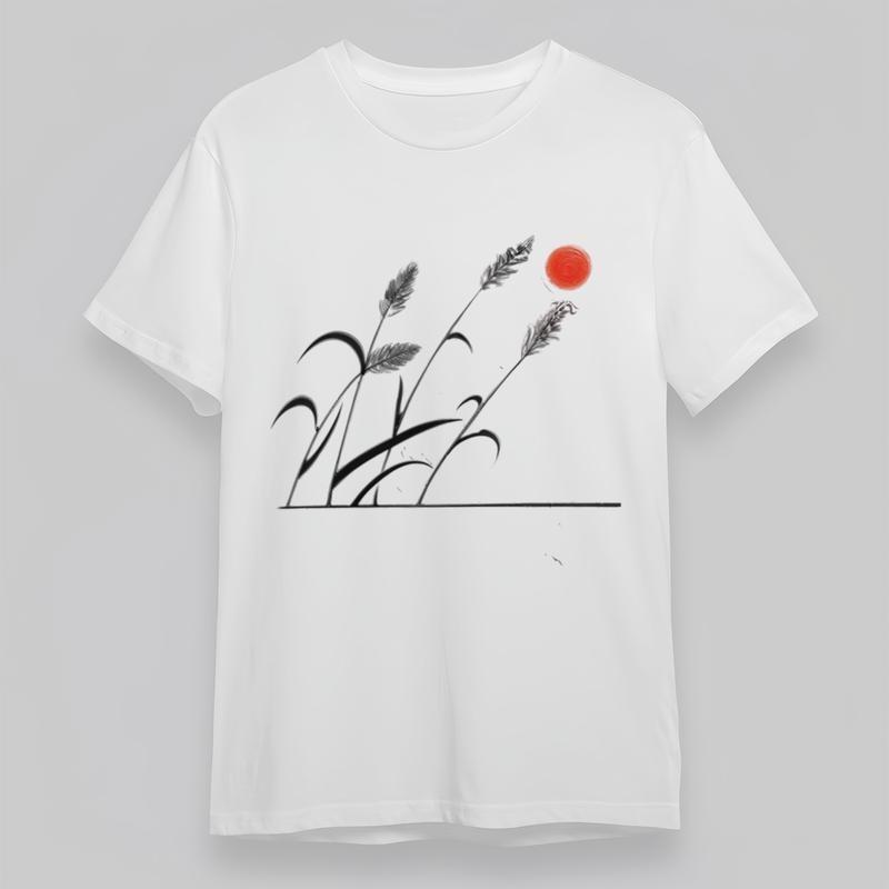 

Women s Oversize Classic T-Shirt Grass and Red Sun in Chinese Ink Style Tee XL