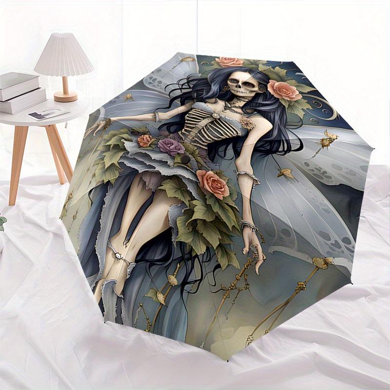 Skeleton Fairy, Fantasy Art Theme Automatic Open/Close Umbrella, Portable 3 Fold Compact Umbrella for Men & Women, Valentine's Day Mother's Day Gift