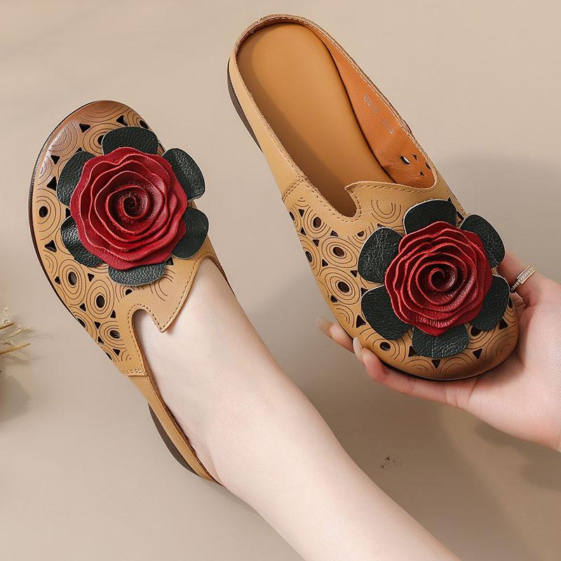Fashion 2025 Big flower cow leather sandals womens summer cut out mules low heels woman retro luxury slipper sandals lady slip on shoes