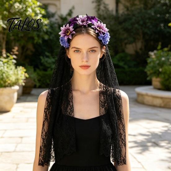 Black Lace Veil Headband Gothic Style Hair Hoop, Hollow See-Through with Simulated Flowers And Photo Accessory Veil, Halloween Day of The Dead