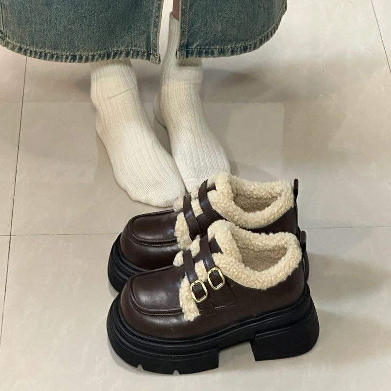 Fleece platform small leather shoes for women 2025 winter new retro British style high-heeled plush loafers for women