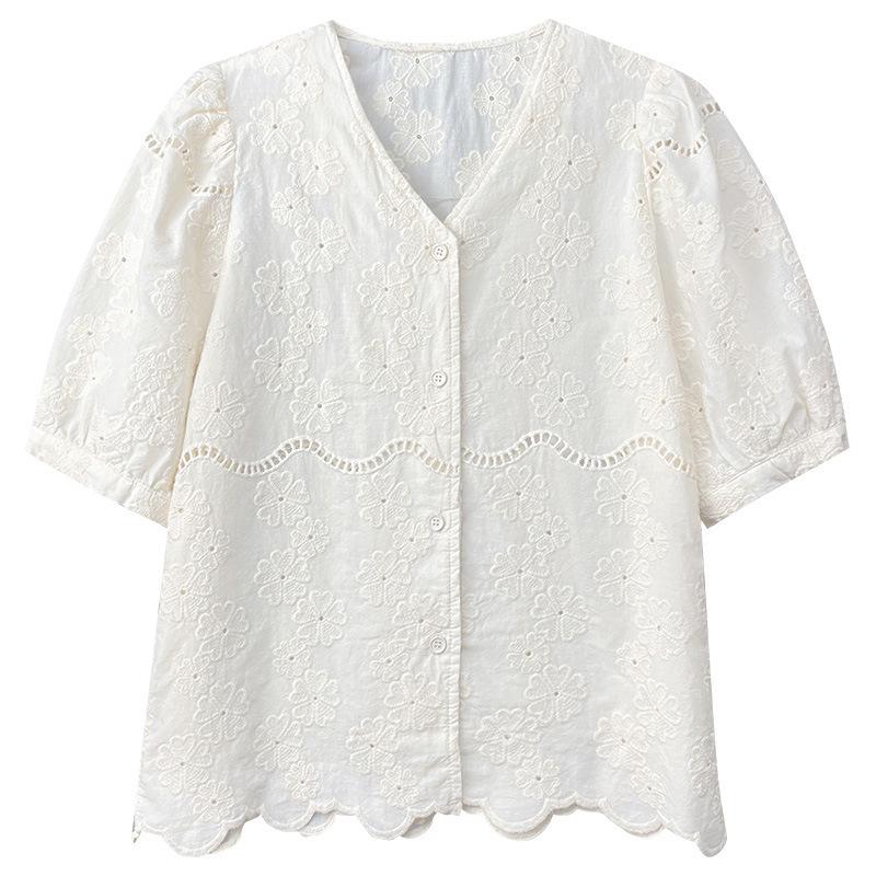 Bluzka morelowa z haftem i ażurem w serek, damska, z krótkim rękawem, letnia, nowa, odmładzająca, wszechstronna, top z czystej bawełny