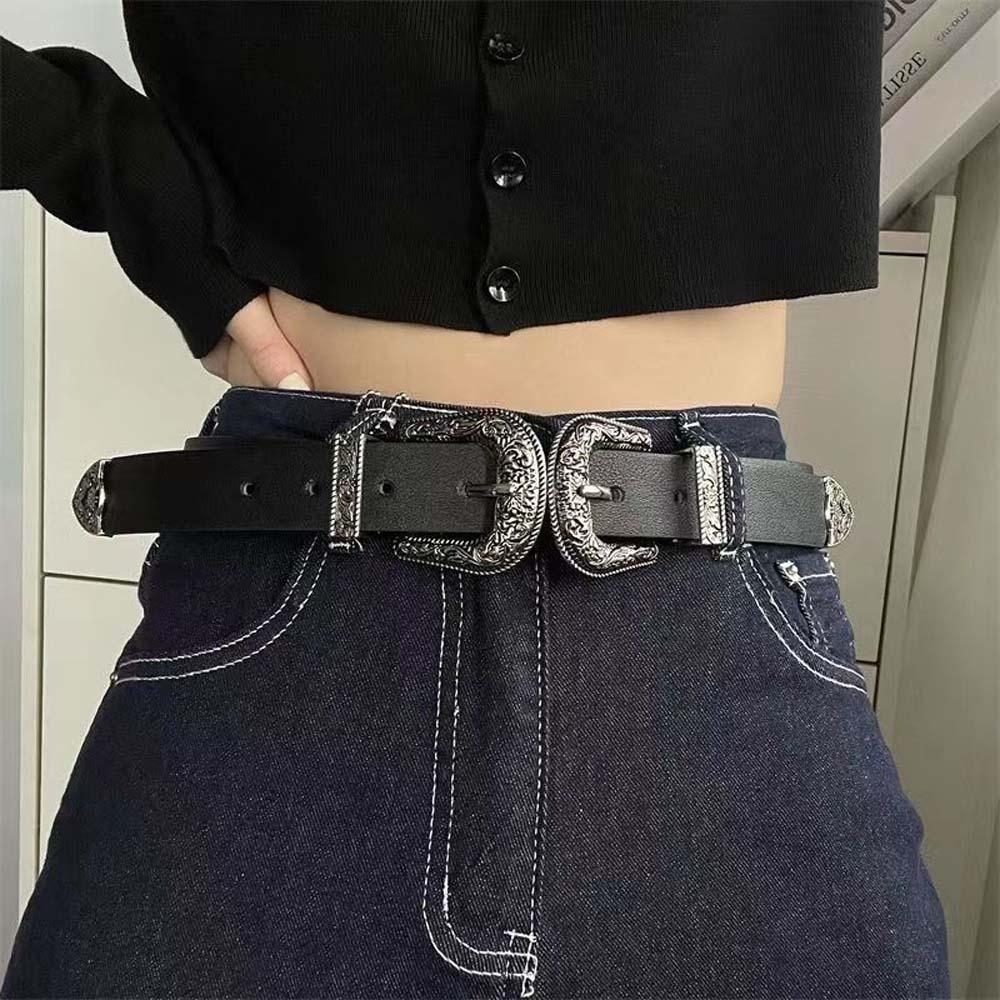 Cool Carved Buckle Belt Wide PU Vintage Waistband Versatile Double Buckle Waist Belt  Couple