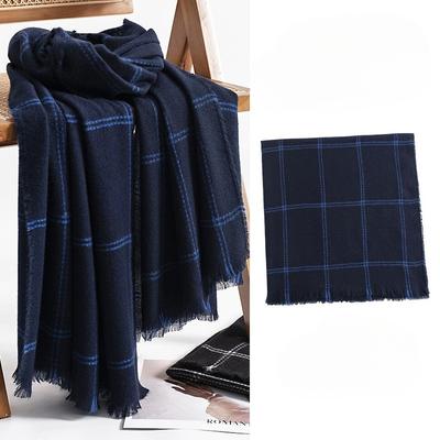Men's All Match Commuter New Scarf Fashionable Warm Sunshade Blue Plaid Mid Length Neck Scarf for Men