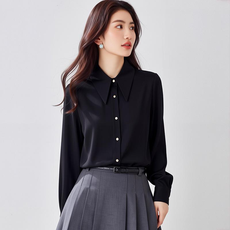 Women's Chic Early Spring Glossy Satin Long-Sleeve Shirt - Fashionable High-End Office Wear