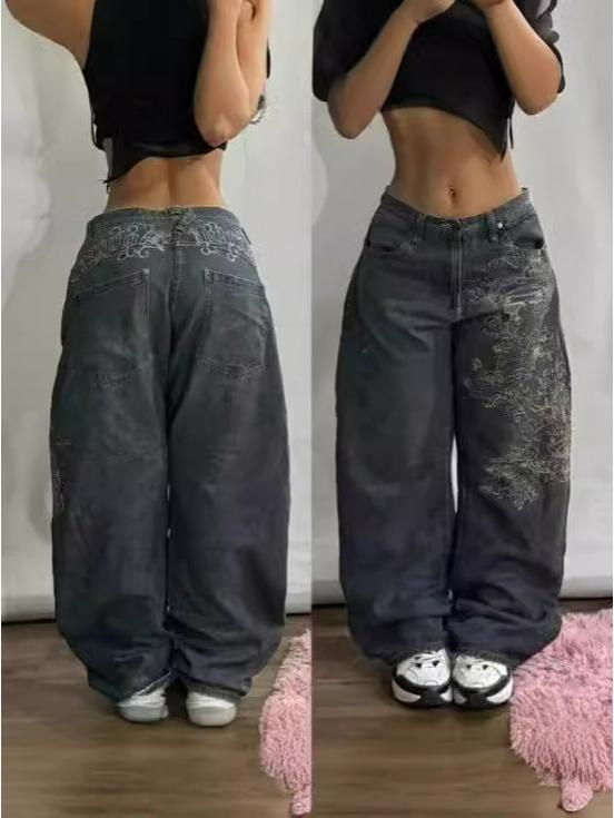 Men's High-Waisted Hip-Hop Loose Denim Embroidered Casual Jeans