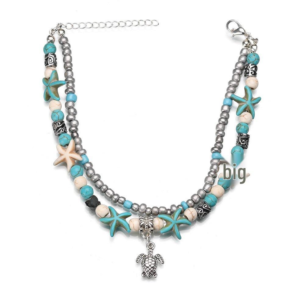 European & American Conch Rice Beads Anklet with Turtle, Starfish & Pearl Pendants
