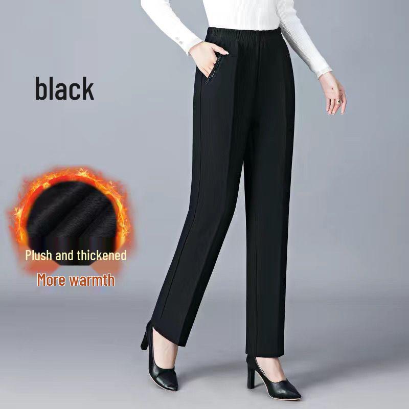 Fleece-Lined High-Waisted Straight-Leg Pants for Middle-Aged & Elderly Women - Ideal for Spring & Autumn