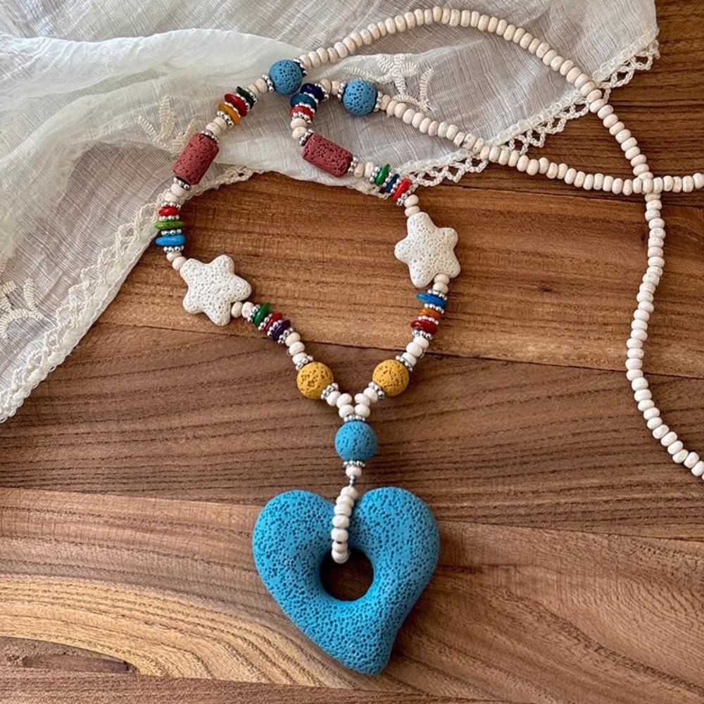 

Beach-style Volcanic Stone Necklace Heart-shaped Long Pendent Necklace Chain Necklace for Women Blue love