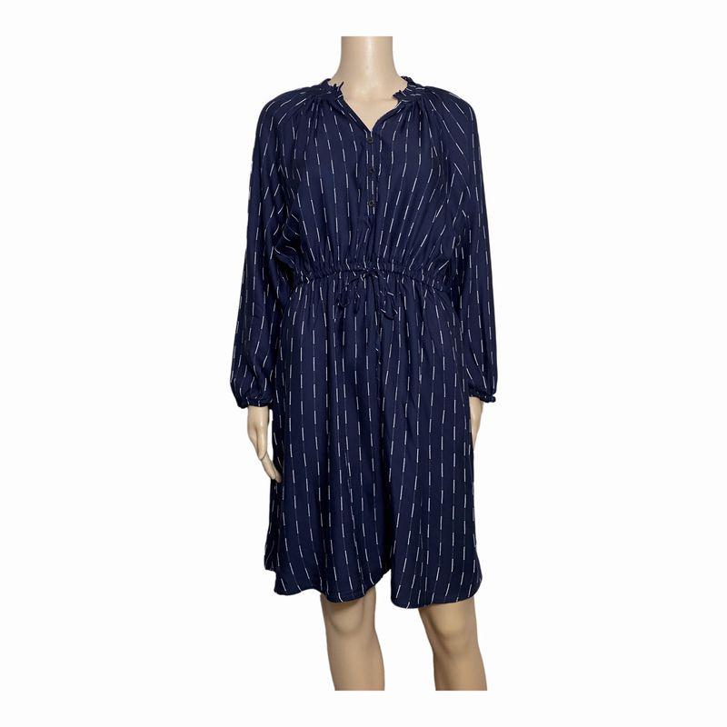 

European and American Single Tail Goods Rayon V-neck Long sleeve dress Women Waist Hugging Stylish Slimming Temperament All-Match Spring and Autumn Inky blue Stripes 3XL