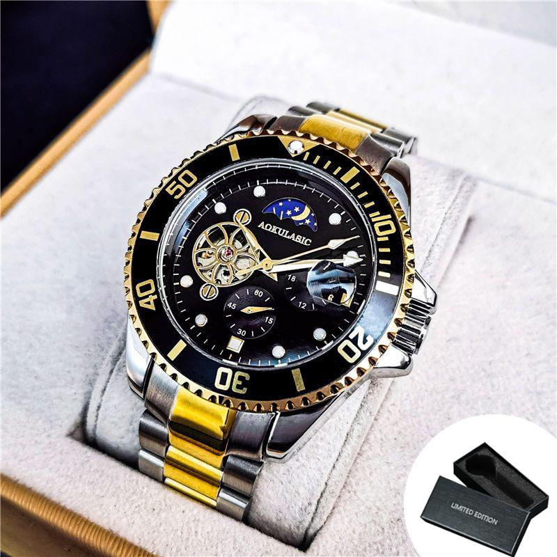 Luxury Moon Phase Skeleton Automatic Watch for Men Luminous Fashion Sports Tourbillon Mechanical Watches Stainless Steel Strap