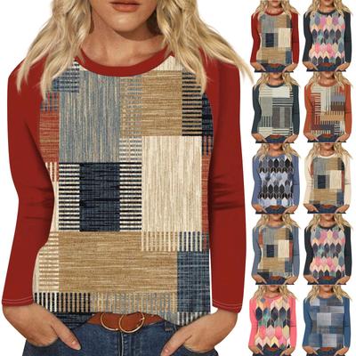 Camisa para mujer, moda informal, manga raglán, cuello redondo, manga larga, suelta, estampada, camiseta para mujer