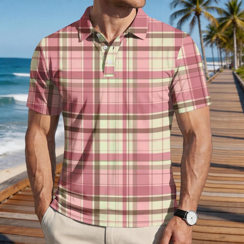 Mens Loose Fit Casual Plaid Print Short Sleeve Polo Shirt Classic Turn Down Collar Soft Lightweight Top