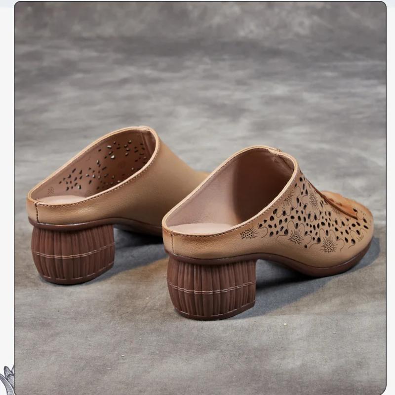 Johnature Retro Peep Toed Versatile Slippers Genuine Leather Hollow-out Breathable Kitten Heels Women's Sandals