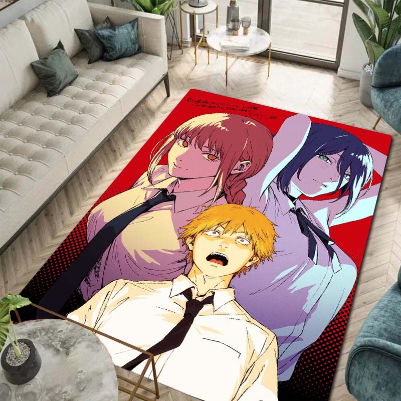Chainsaw Man Anime Character Print Flannel Area Rug Non-Slip Soft Floor Mat For Couch Bedroom Living Room Indoor Home Decor Gift