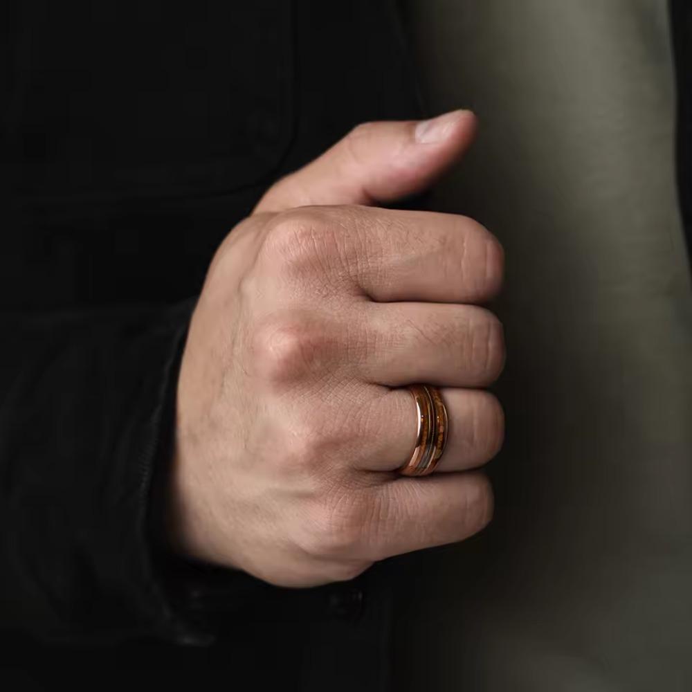 8mm Rose Gold Color Stainless Steel Guitar String Rings for Men Koa Wood Inlay Ring Whiskey Barrel Mens Wedding Band