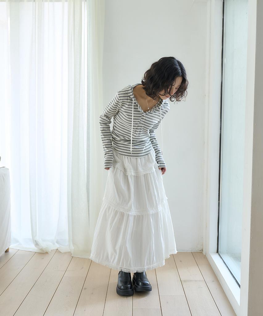 Striped Shirred Button Hoodie [Gray]