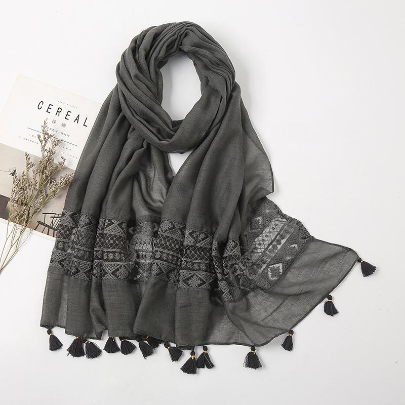 Elegant Lace Cotton Scarf With Tassel Shawl For Women Fashion Geometry Design Muslim Hijab Big Size Scarves 210*70Cm