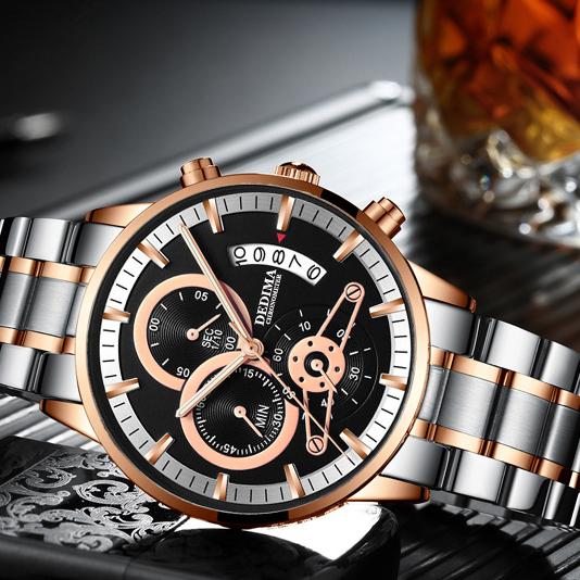 KINGNUOS Herrenuhr mit massivem Stahlarmband, wasserdicht, beschichtetes Glas, leuchtend, drei Augen, 6 Zeiger, Quarzuhr