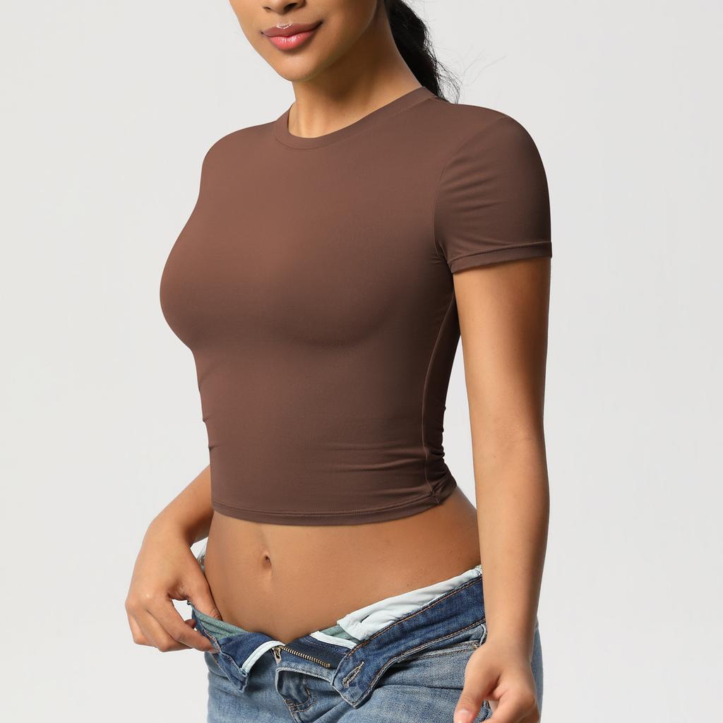 Double Sided Nylon Casual Tight Quick Drying Pilates Top Yoga Suit Short Sleeved Running Fitness T-shirt