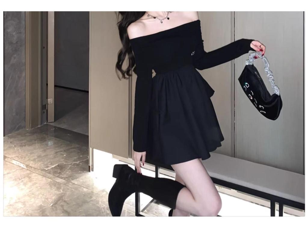 Francouzské černé šaty s odhalenými rameny, dlouhým rukávem a áčkovou sukní na jaro a podzim - Sladký a pikantní design s úzkým pasem, který zvýrazňuje postavu