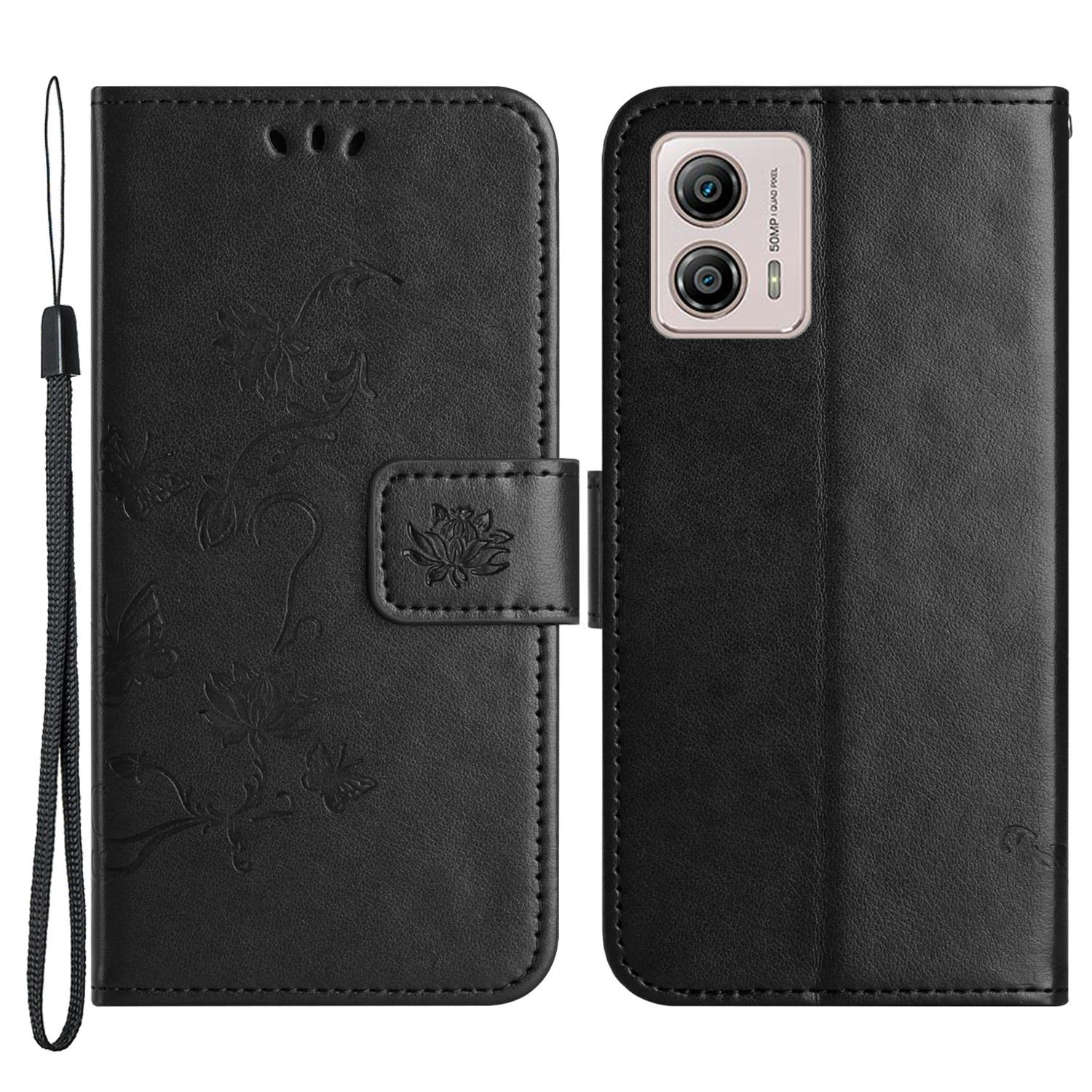 

For Motorola Moto G53 5G/G23 4G/G13 4G Phone Leather Case Imprinted Butterfly Flower Phone Cover Stand Wallet with Strap Black