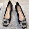 French Fashion Rhinestone Square Head Thick Heel Single Shoes Women's 2026 Autumn New Versatile Soft Leather Shallow Mouth Temperament Middle Shoes