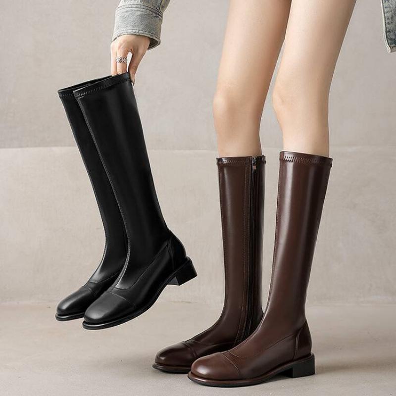 Autumn and Winter Women's Side Zipper High Boots Rubber Sole Middle Heel Round Head Korean Version Square Heel Leather Boots New Martin Boots Women