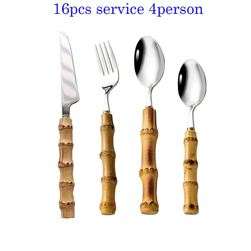 

16/24/32Pcs Dinnerware Sets Original Nature Bamboo Handle Stainless Steel Cutlery Fork Spoon Home Kitchen Tableware Cutleri