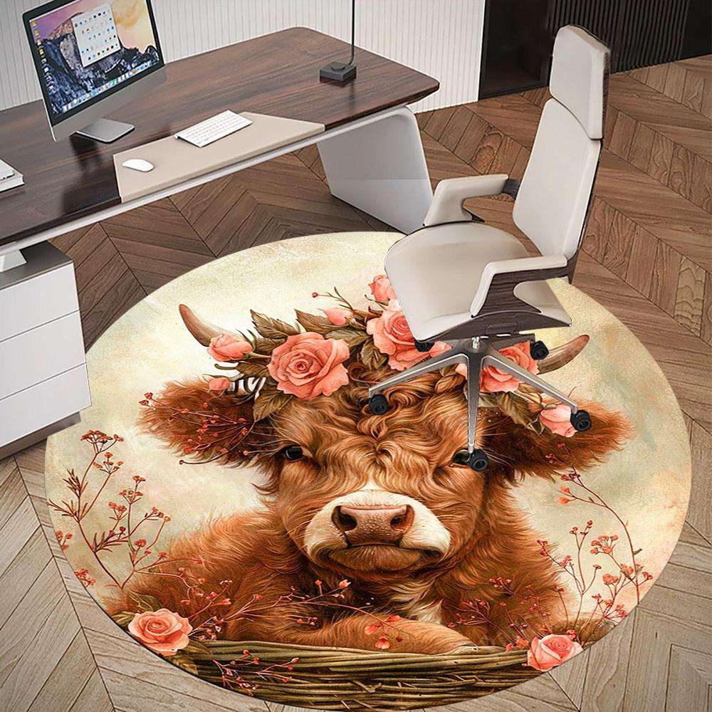 1PC Cow Flowers Office Round Area Rug, Under Office Chairs Bedroom Living Room Home Decor,Carpet for Office, -1110254