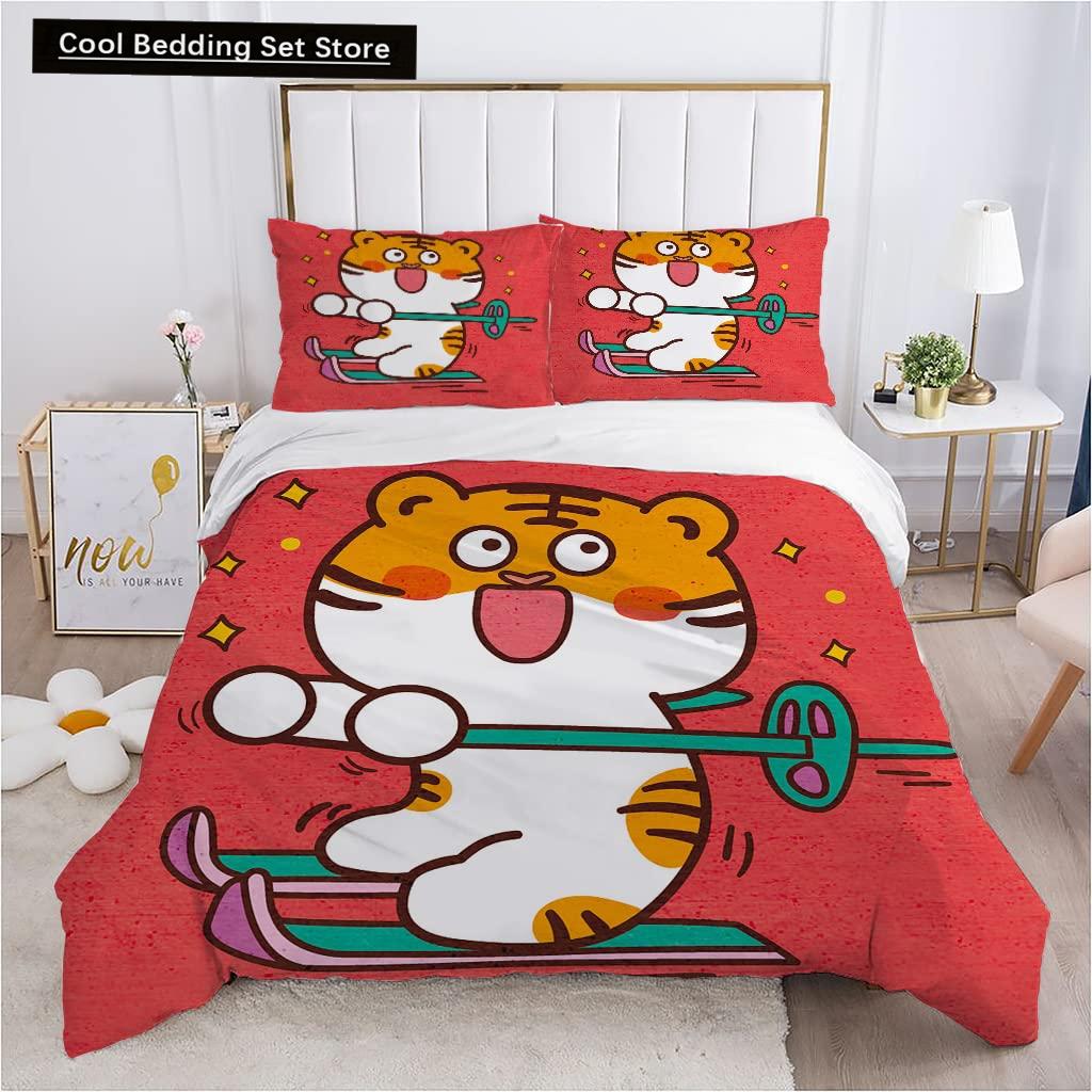 Cartoon Tiger Duvet Cover King Queen Animal Forest Theme Bedding Set for Kids Boys Girls Jungle Wildlife Polyester Quilt Cover