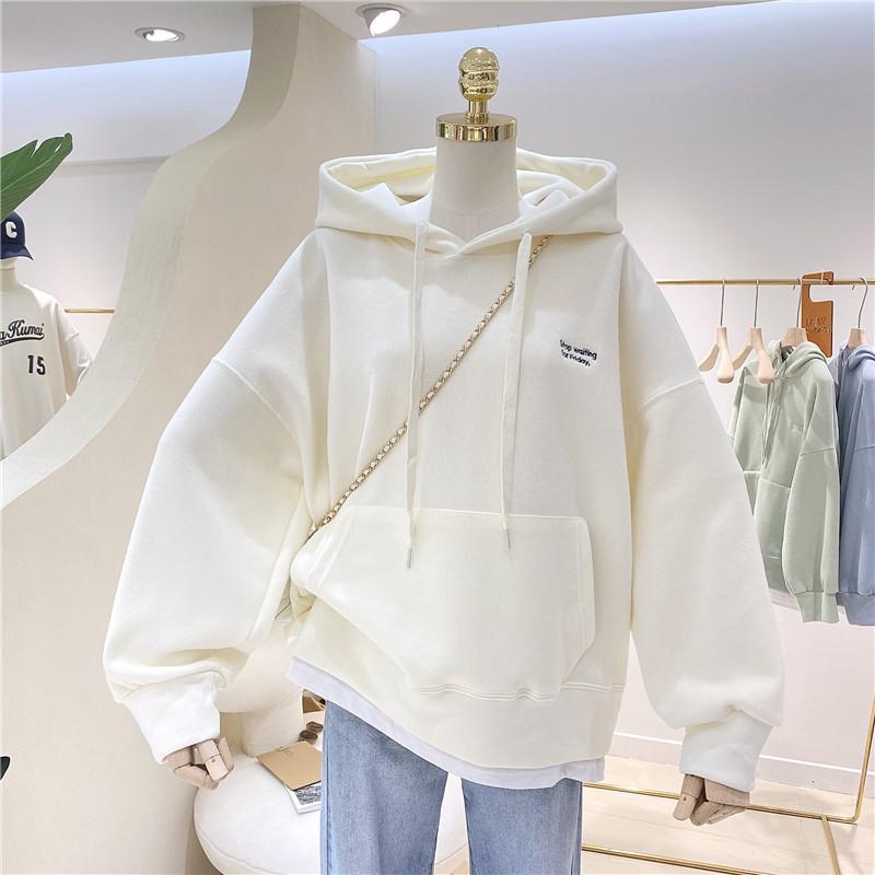 Sweater women's fleece and thicker, autumn and winter splicing fake two-piece embroidered loose hooded jacket